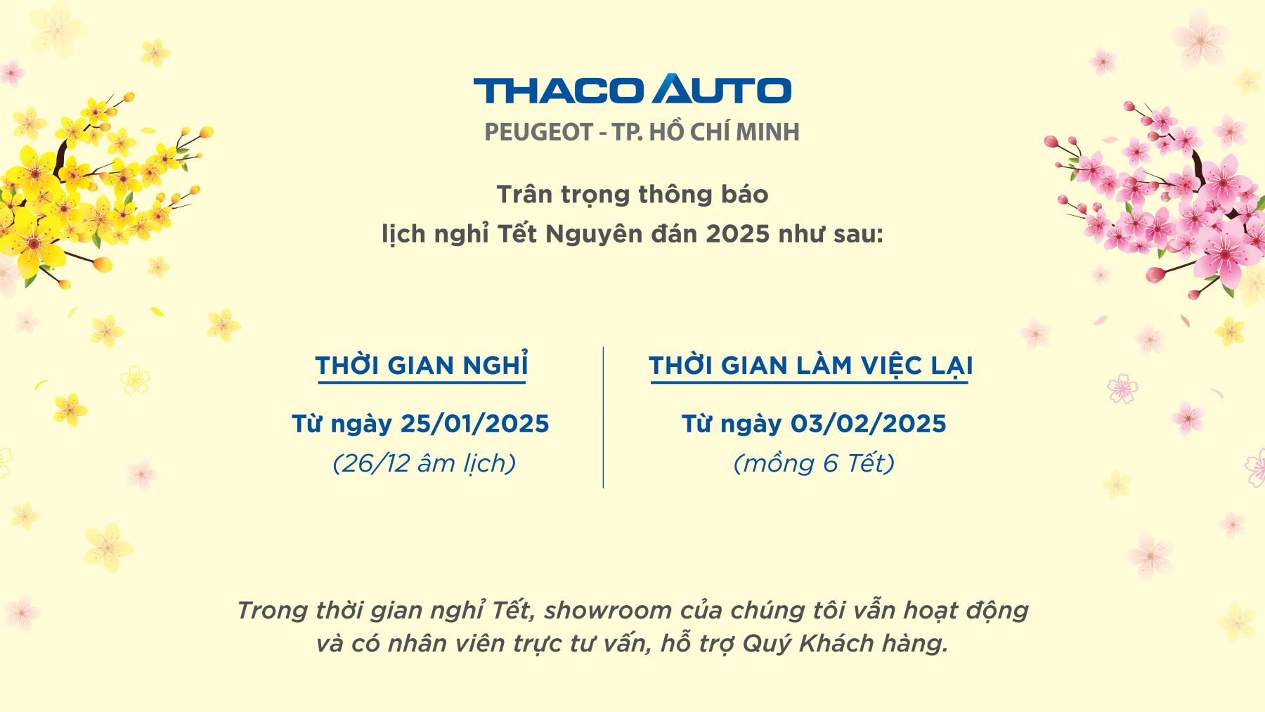 THACO AUTO PEUGEOT - TP.HCM THÔNG BÁO LỊCH NGHỈ TẾT NGUYÊN ĐÁN 2025